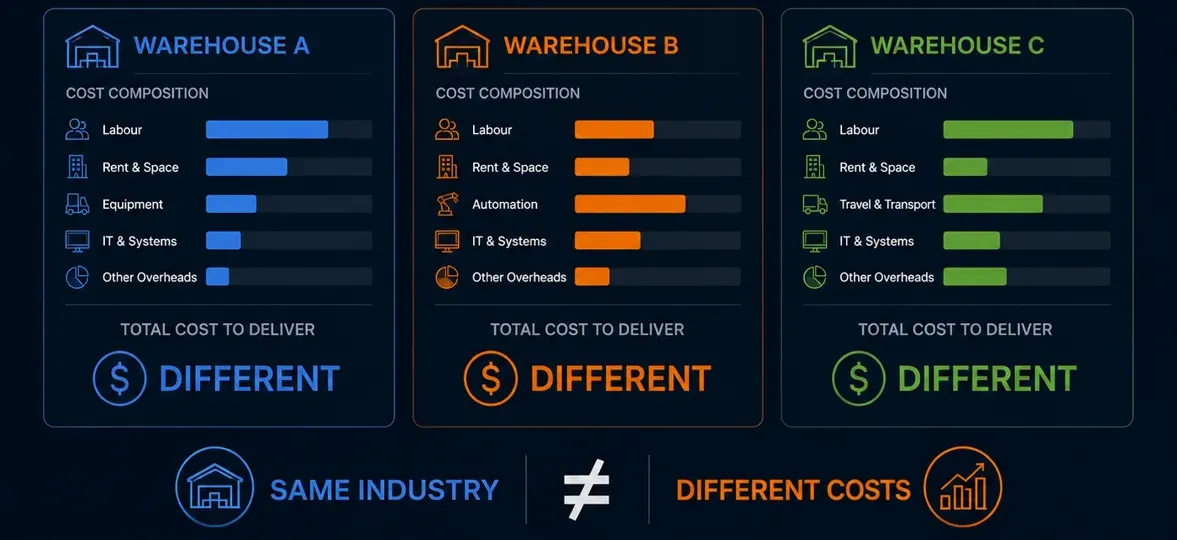 Three warehouses in the same industry compared side by side — different labour, space, equipment and overhead mix, so a different total cost to deliver