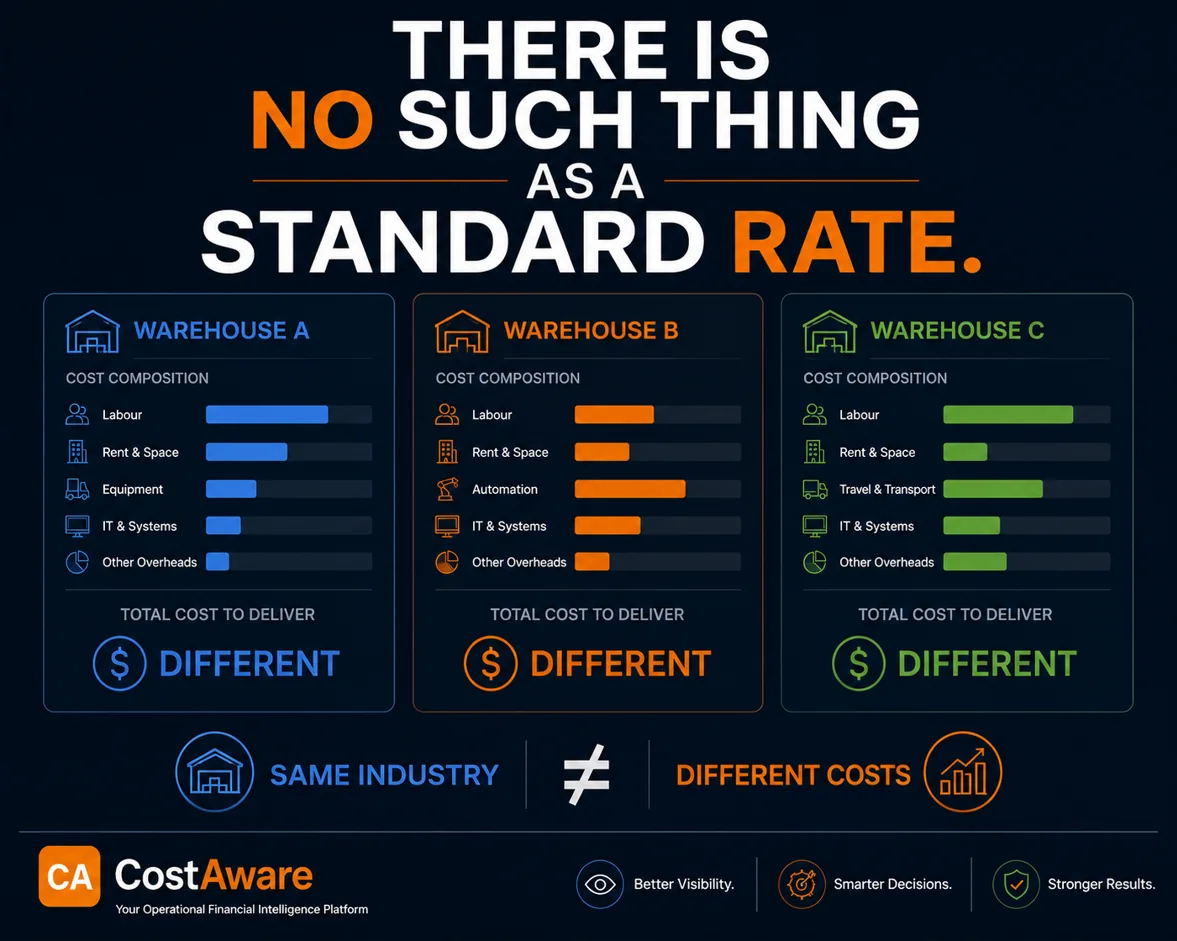 Three warehouses in the same industry with different cost compositions of labour, rent, equipment and overheads, showing why a copied standard rate cannot be defended